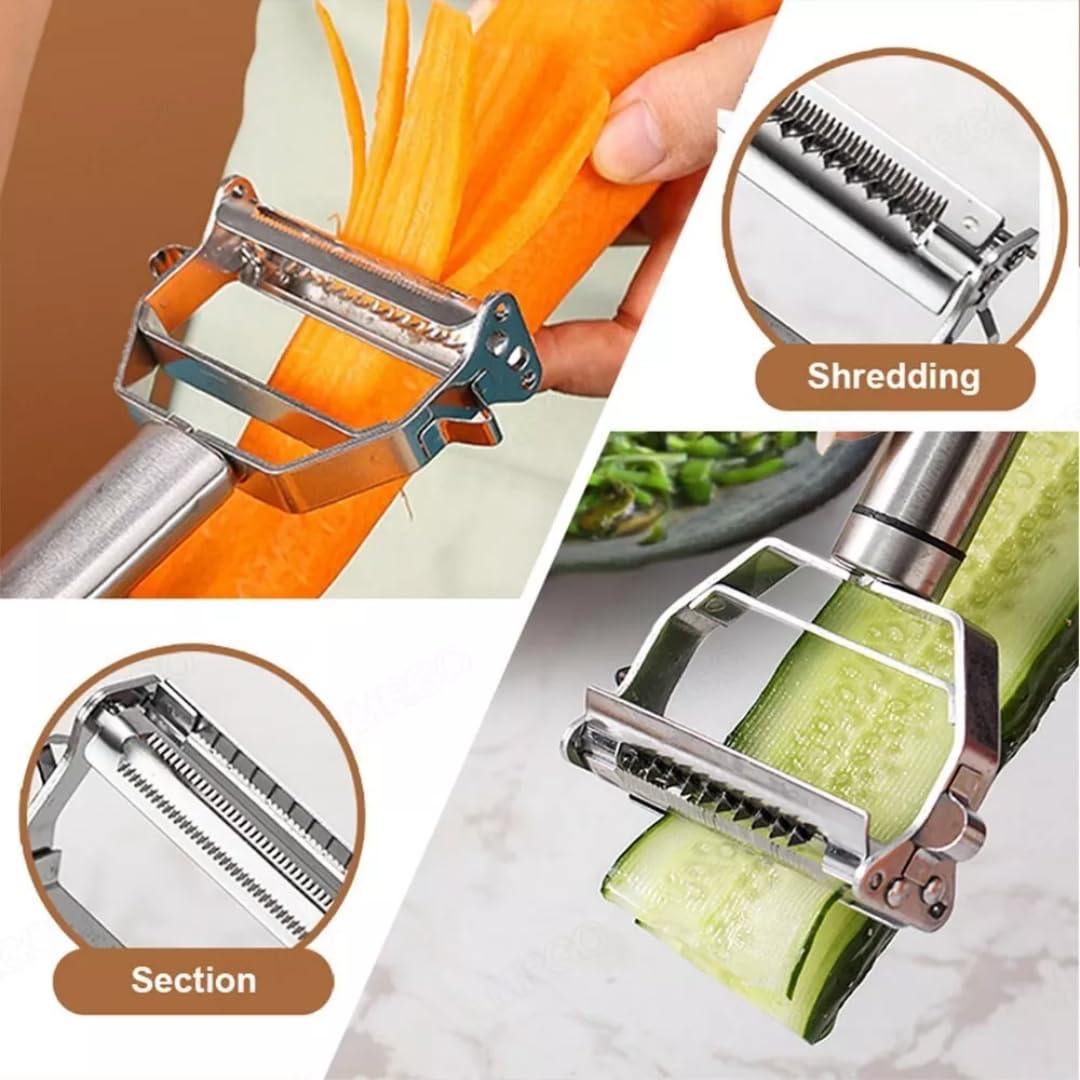 2 in 1 Stainless Steel Julienne Vegetable Peeler Multi-Functional Fruit & Veggie Shredder Slicer and Grater for Potatoes, Carrots, Cucumbers (Silver, 18 x 8.2 x 2.3 cm)