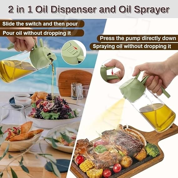2-in-1 Premium Glass Oil Dispenser Bottle with Spray & Pour Spout