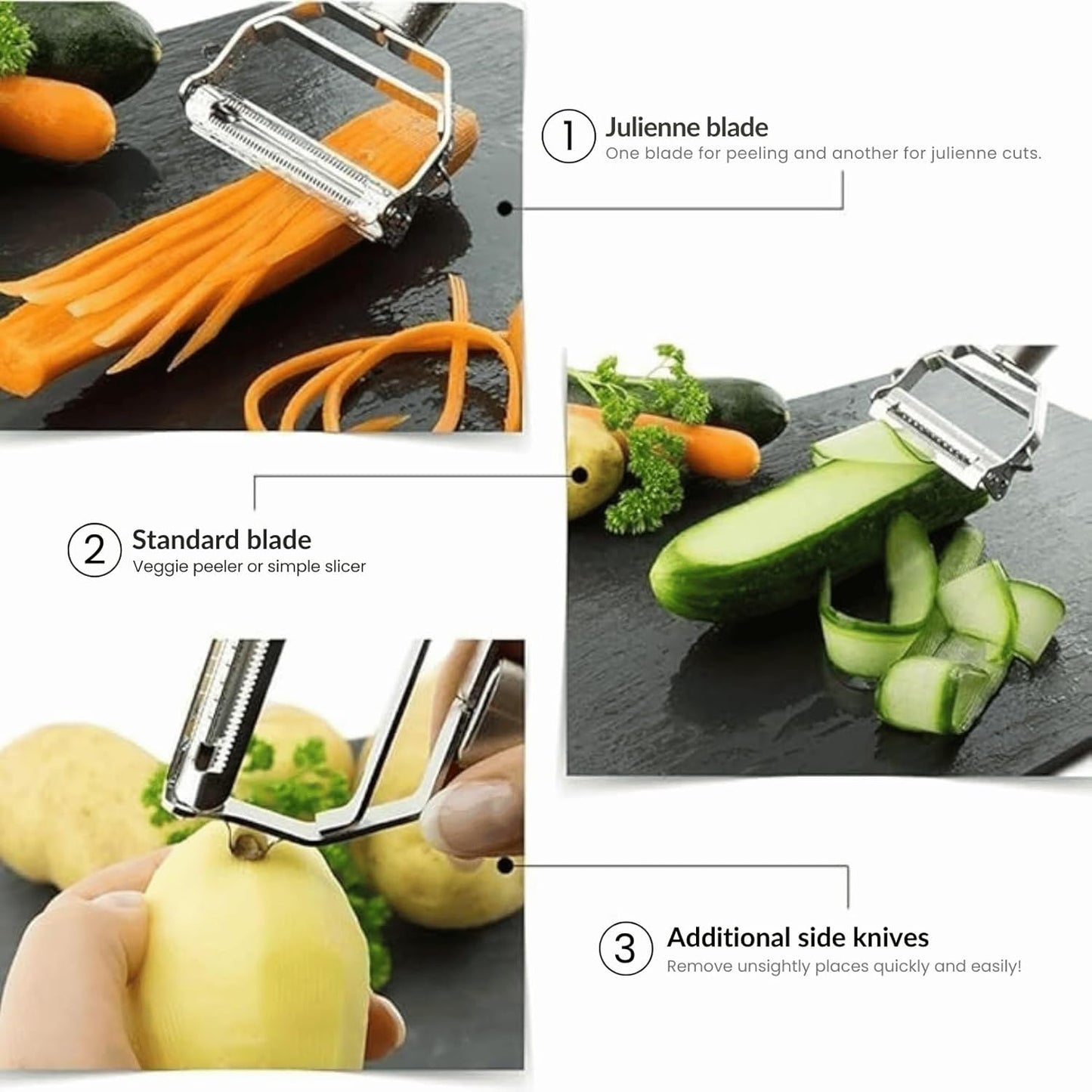 2 in 1 Stainless Steel Julienne Vegetable Peeler Multi-Functional Fruit & Veggie Shredder Slicer and Grater for Potatoes, Carrots, Cucumbers (Silver, 18 x 8.2 x 2.3 cm)