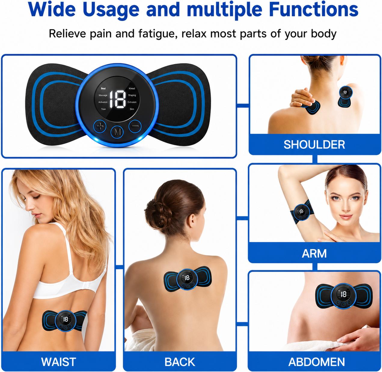 Mini EMS Massager | Portable Pain Relief for Neck, Back & Full Body | 18 Modes | USB Rechargeable