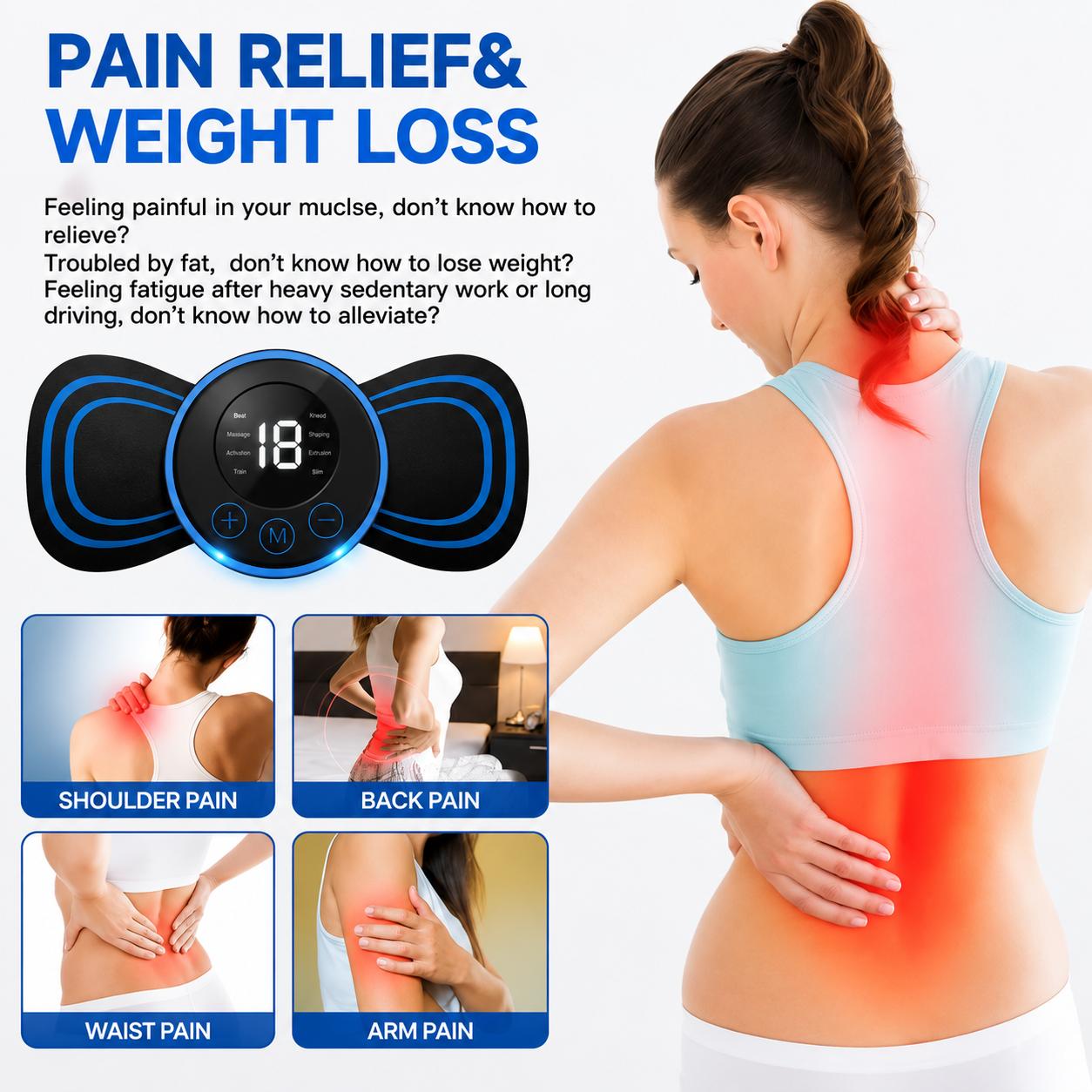 Mini EMS Massager | Portable Pain Relief for Neck, Back & Full Body | 18 Modes | USB Rechargeable