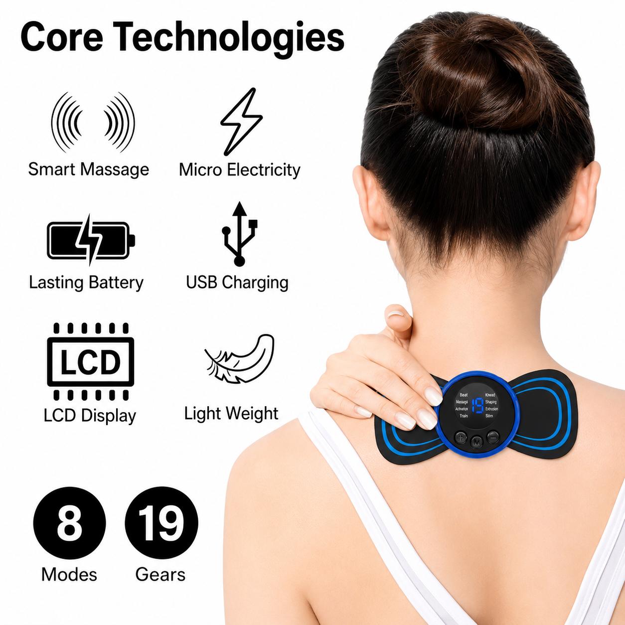 Mini EMS Massager | Portable Pain Relief for Neck, Back & Full Body | 18 Modes | USB Rechargeable
